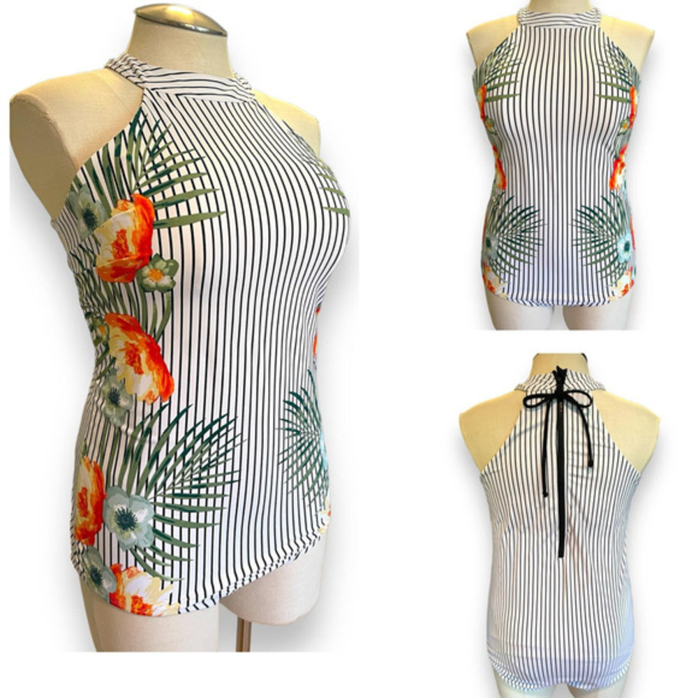 Lane Bryant‎ Cacique 24 Tropical Striped One Piece Wireless High Neck Swimsuit